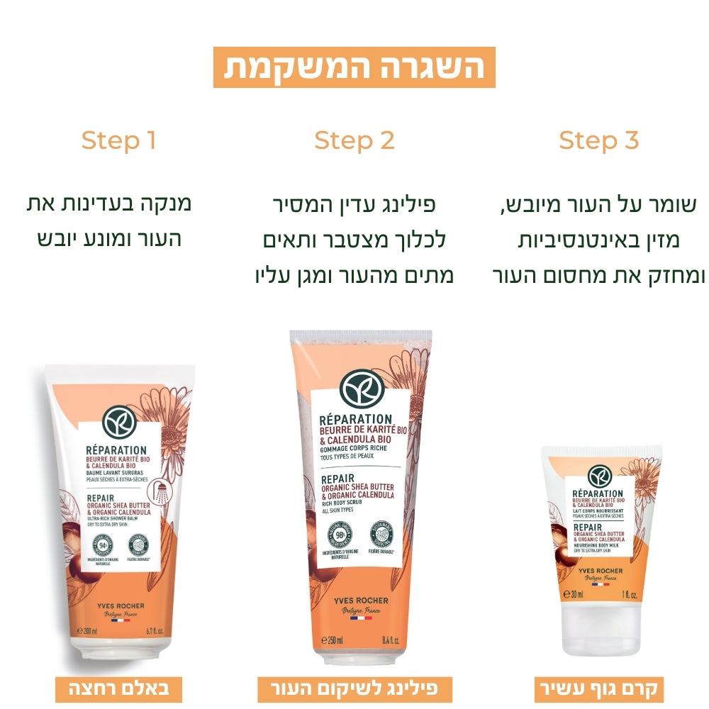 השגרה המשקמת: 1. באלם רחצה - מנקה בעדינות את העור ומונע יובש | 2. פילינג לשיקום העור - פילינג עדין המסיר לכלוך מצטבר ותאים מתים מהעור ומגן עליו | 3. קרם גוף עשיר - שומר על העור מיובש, מזין באינטנסיביות ומחזק את מחסום העור